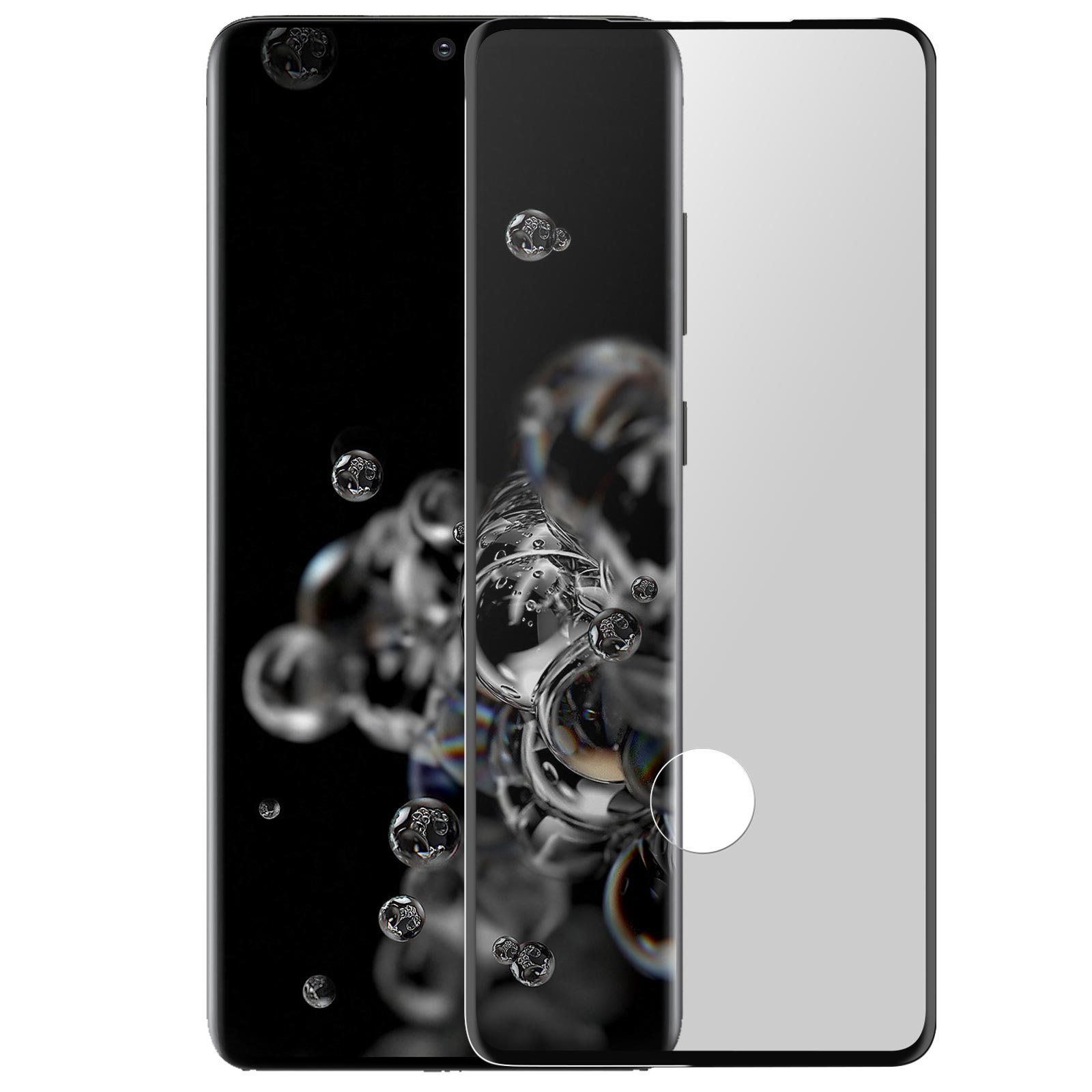 Un protecteur d'écran de smartphone avec des bulles à gauche et un écran gris clair transparent à droite.