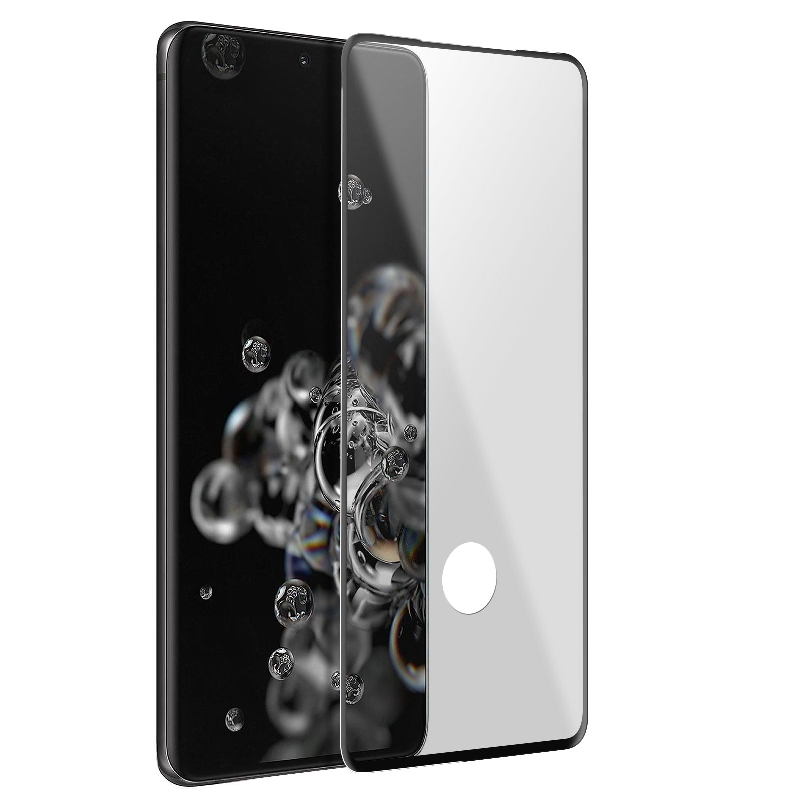 Un protecteur d'écran et un écran de téléphone sont affichés. L'écran du téléphone est noir. Le protecteur est transparent avec un cercle blanc.