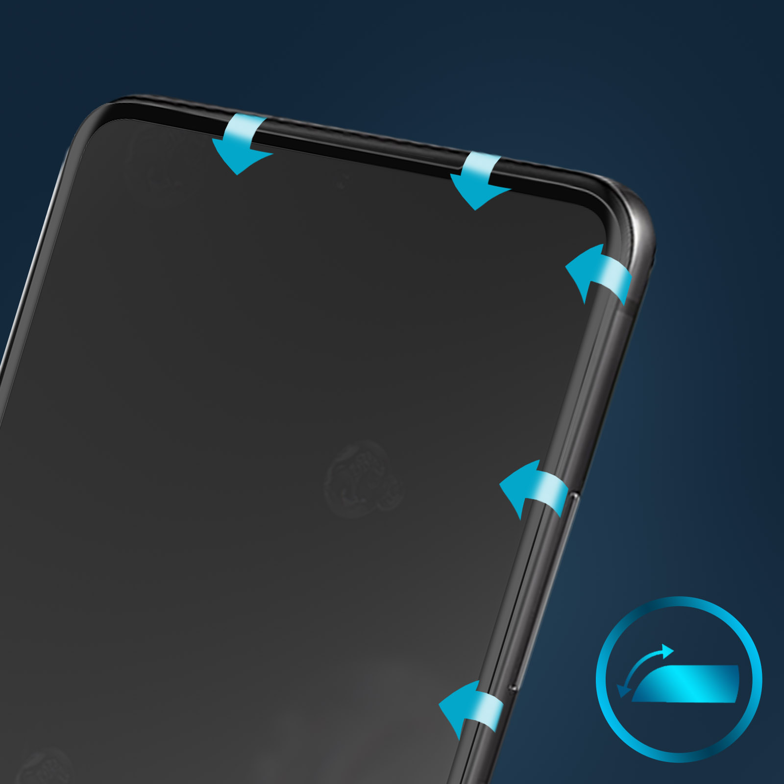 Gros plan d'un téléphone avec des flèches indiquant l'application d'un protecteur d'écran. Des flèches bleues et une icône de flèche incurvée sont présentes.