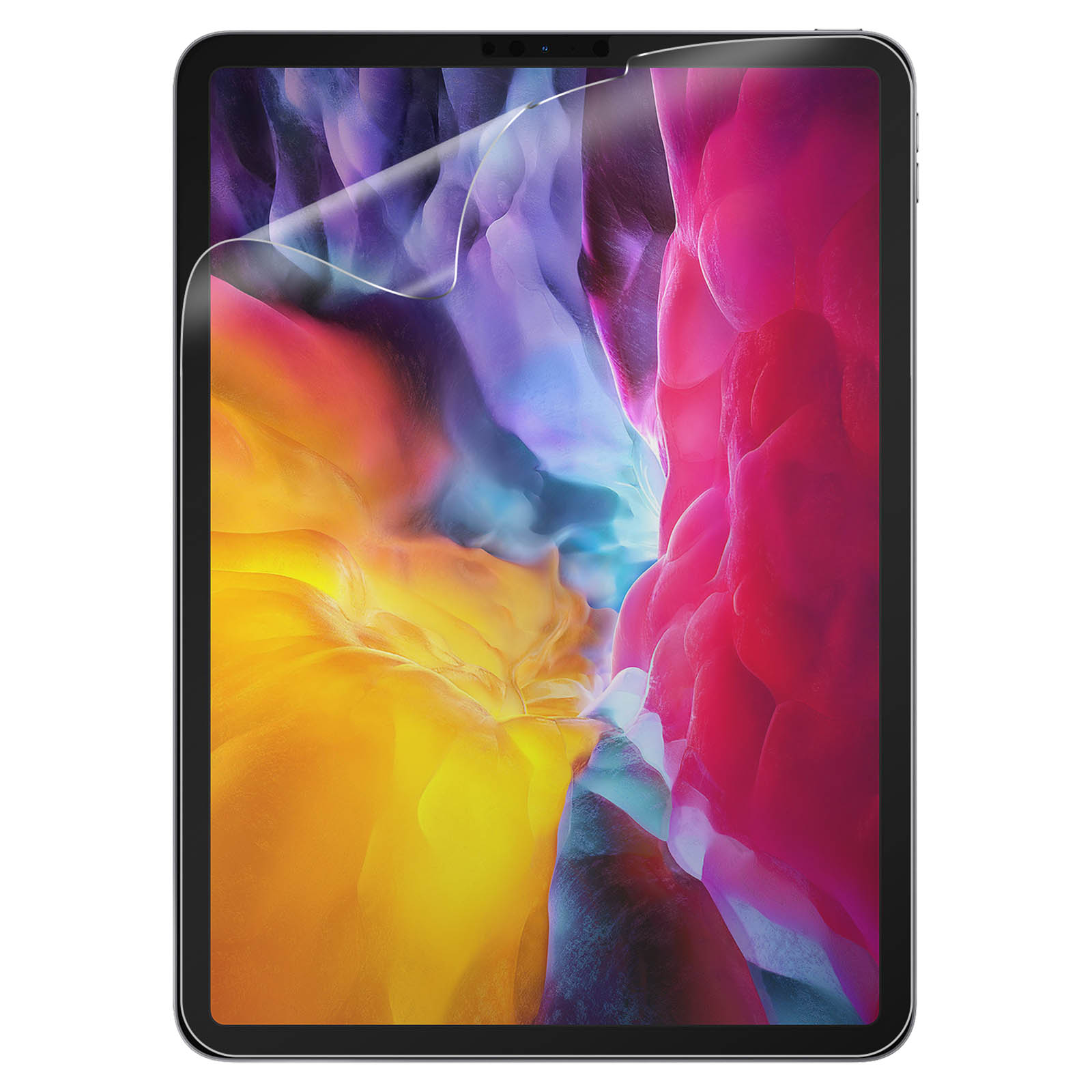 Un iPad con una protezione per lo schermo applicata. Lo schermo mostra uno sfondo astratto colorato con sfumature gialle, rosa e viola.