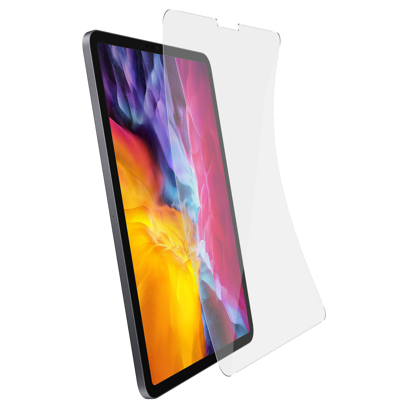 Un iPad con protezione schermo. Lo schermo mostra uno sfondo colorato. Sfondo bianco.
