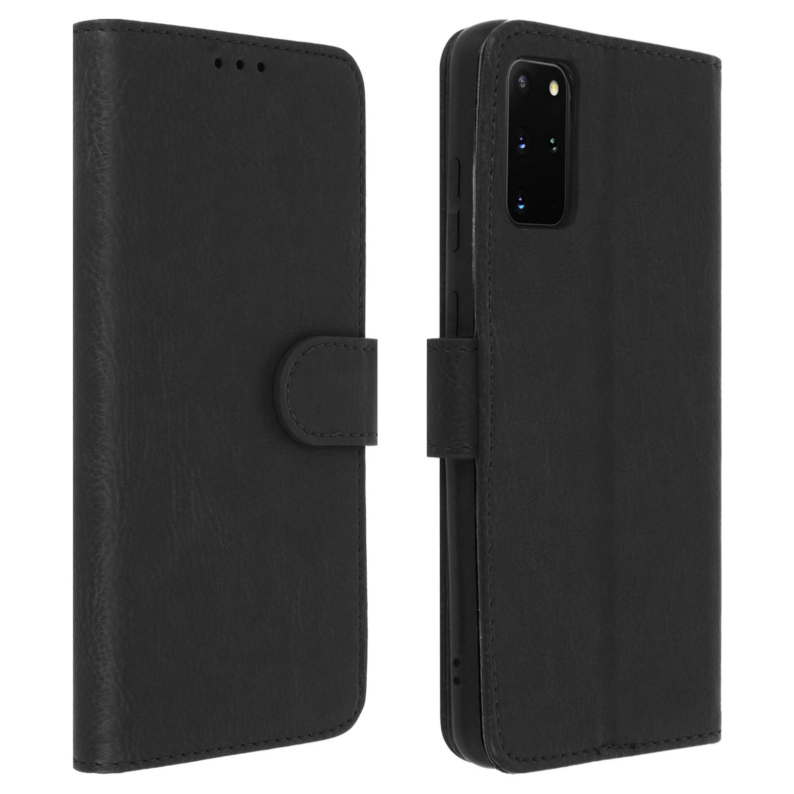 Étui de téléphone en cuir noir, fermé et ouvert pour révéler le téléphone.
