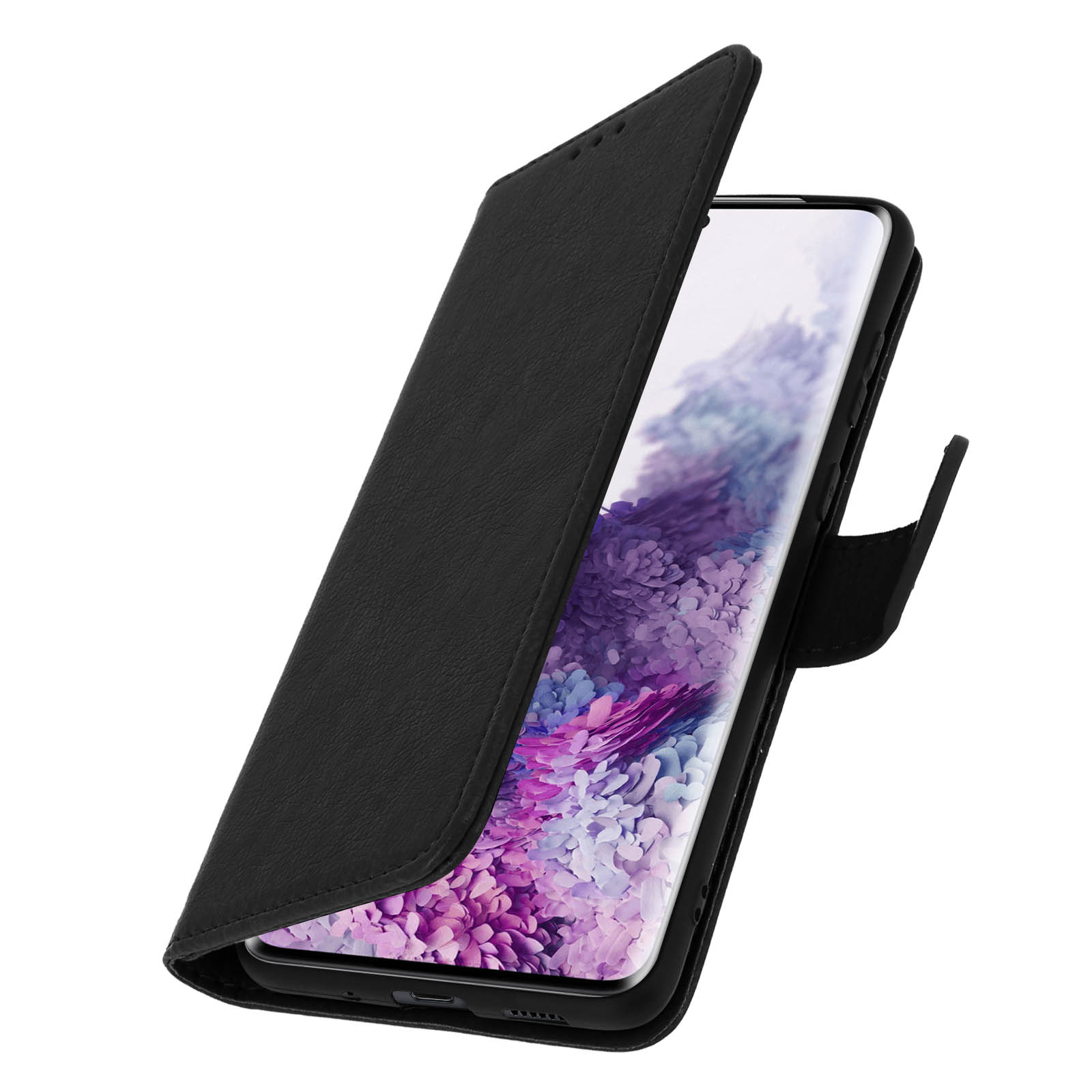 Un étui de téléphone noir est ouvert, révélant un écran de téléphone avec un fond violet et blanc.