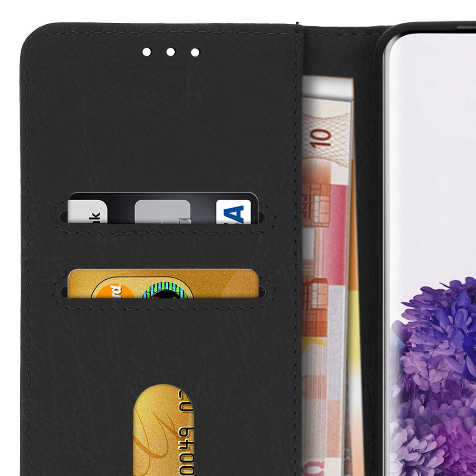 Étui de téléphone noir de style portefeuille ouvert, montrant des cartes et de l'argent à l'intérieur, avec le téléphone visible.