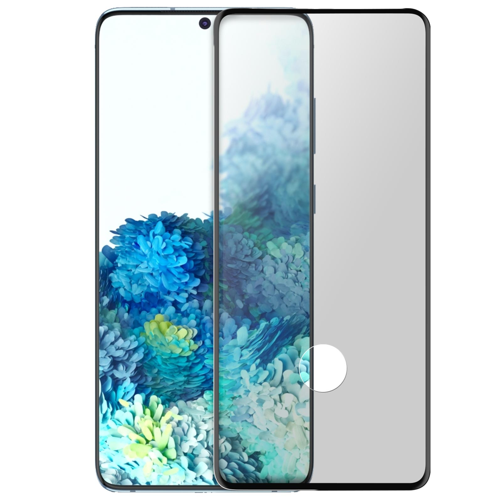 L'immagine mostra un telefono con protezione schermo applicata. Lo schermo mostra un disegno floreale, con sfumature blu e gialle.