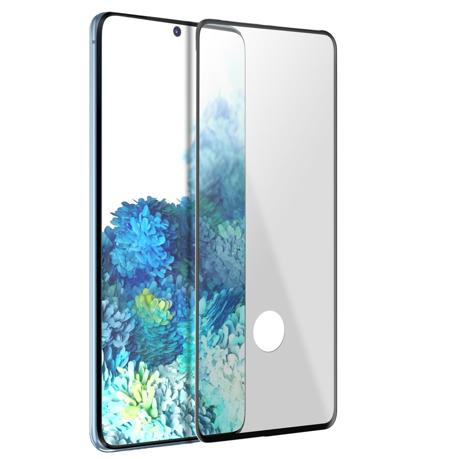 Uno schermo del telefono con protezione. Il telefono mostra arte floreale blu. La protezione è trasparente con bordo nero.
