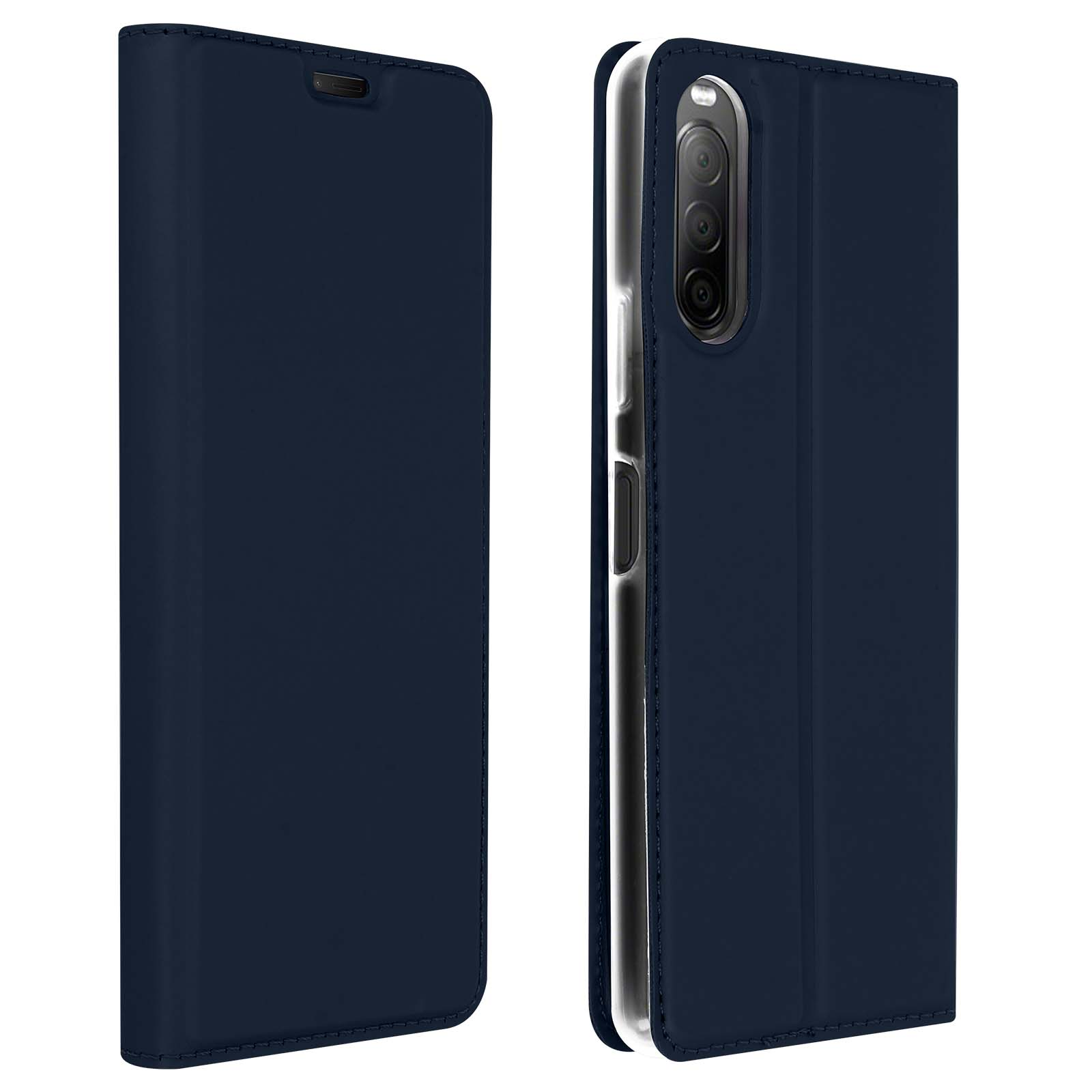 Custodia blu navy aperta, telefono visibile. Primo piano della fotocamera. La custodia è chiusa a sinistra.