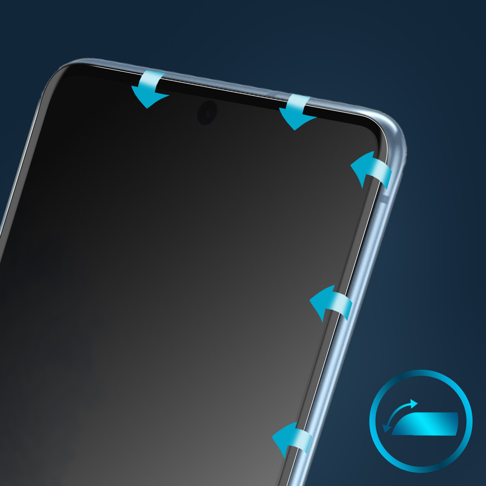 Uno schermo di smartphone con frecce blu che indicano un bordo curvo. Un cerchio blu con una freccia mostra la protezione dello schermo.