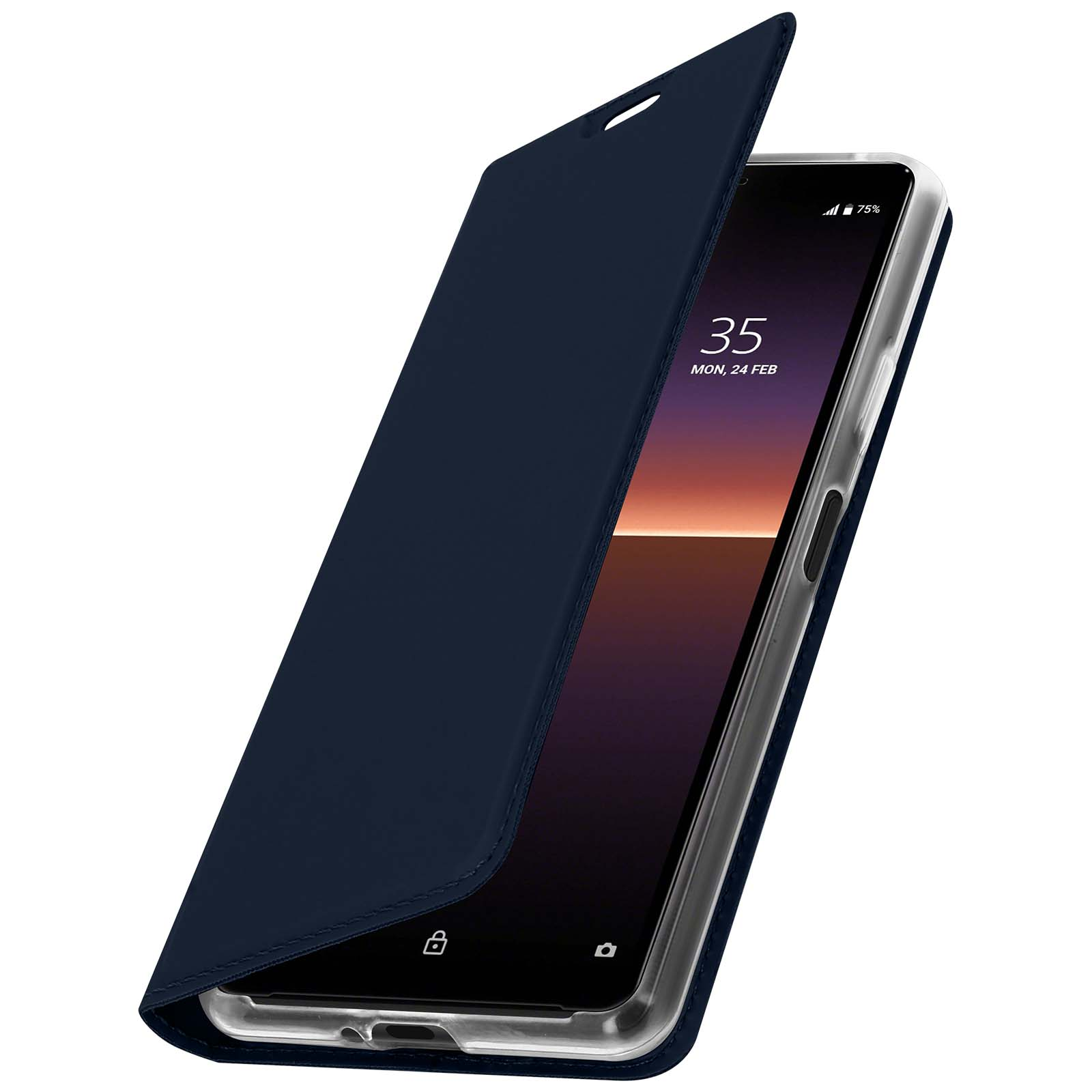 Una custodia per telefono blu navy con un telefono all'interno. Lo schermo mostra data e ora.