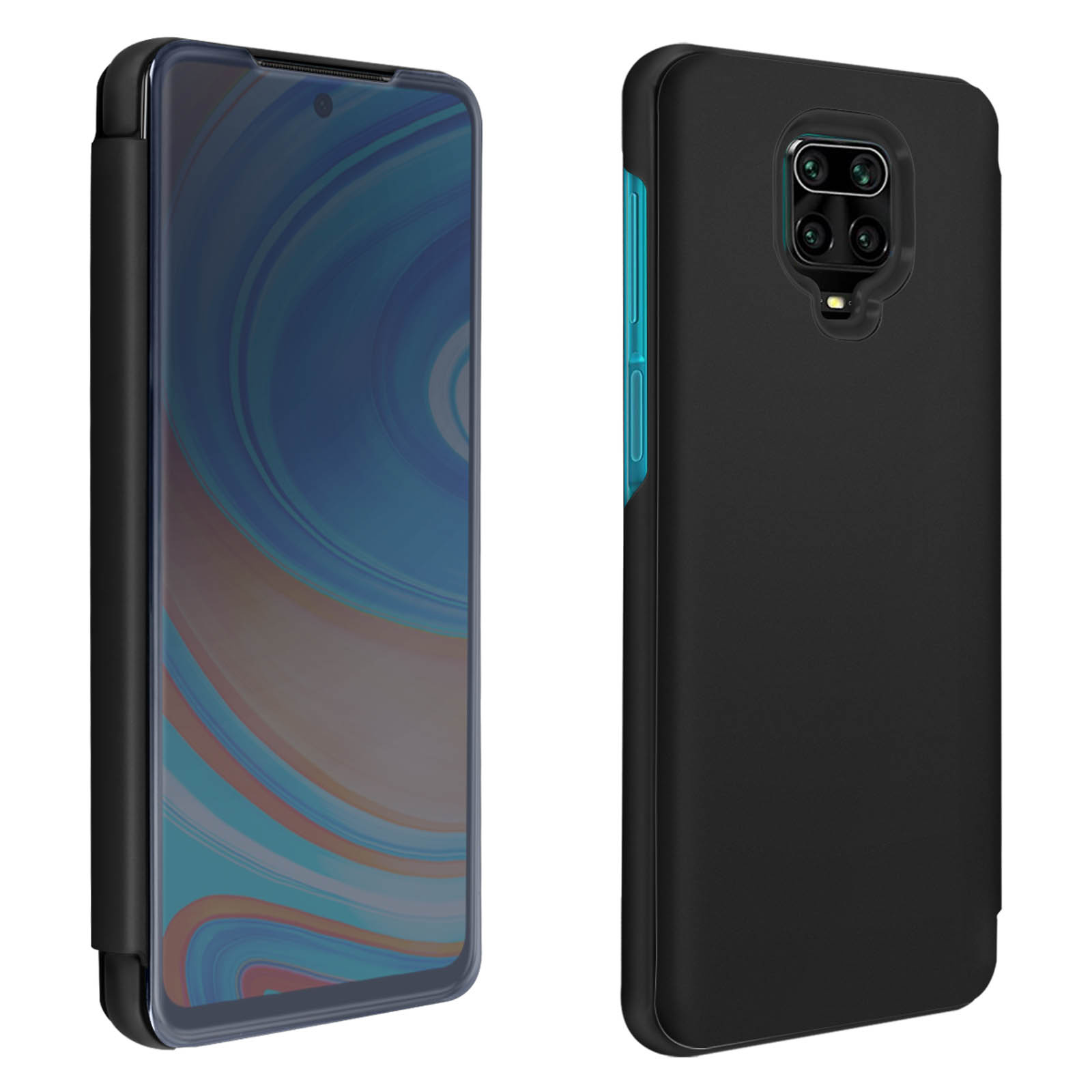 Étui de téléphone noir, fermé. L'écran est visible. Design simple.