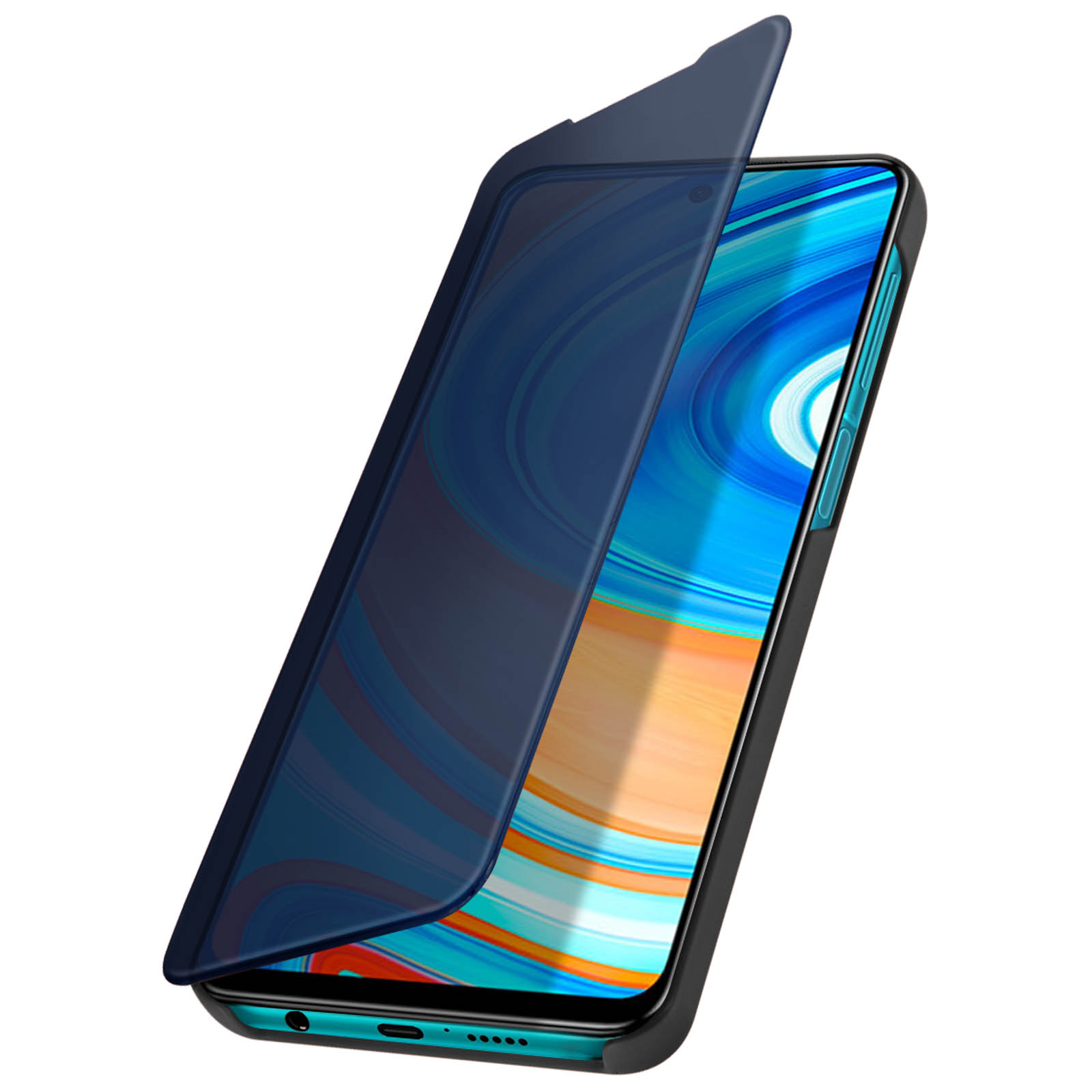 Un téléphone est partiellement recouvert d'un étui bleu, montrant l'écran.