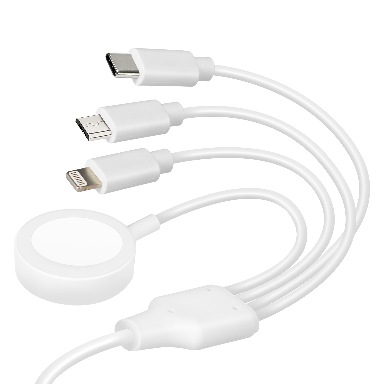 Un cavo di ricarica bianco con tre diversi connettori: USB-C, Micro-USB e Lightning, e un caricatore a induzione.