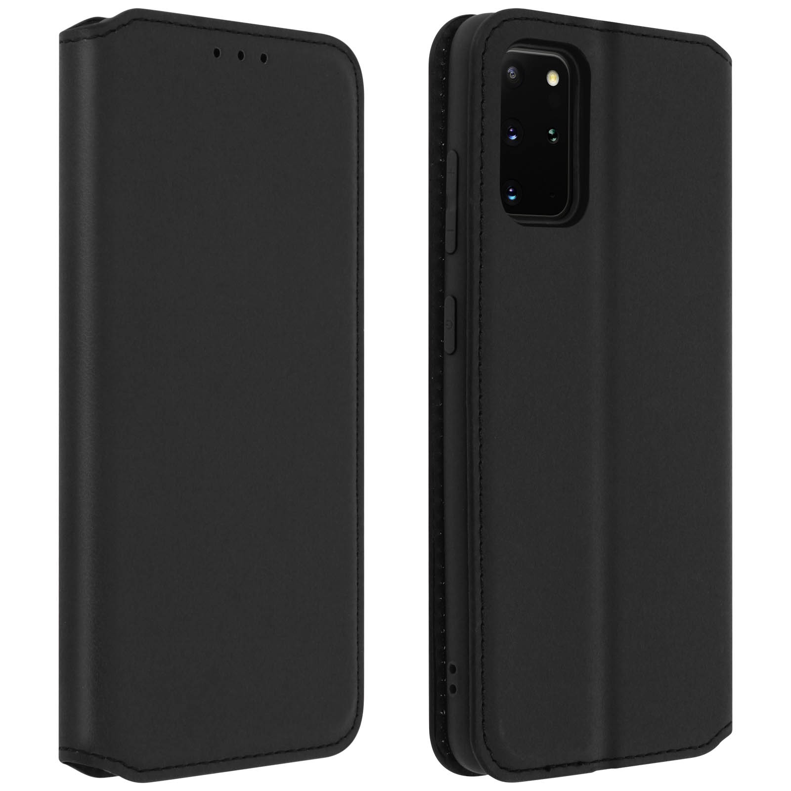 Étui de téléphone en cuir noir, fermé et ouvert, montrant un téléphone à l'intérieur. Fond blanc.