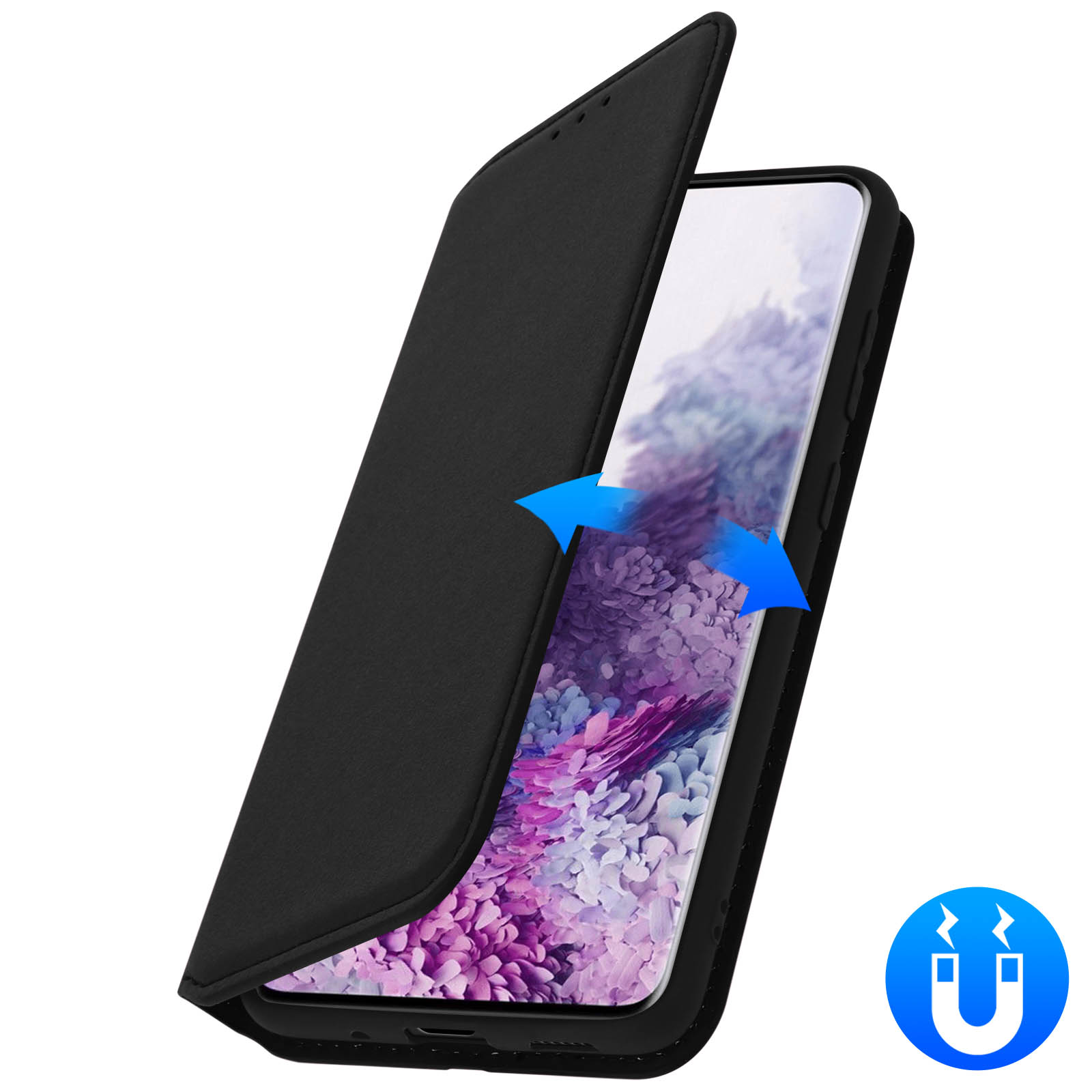 Telefoon in een zwarte hoes. De hoes opent met pijlen en onthult de telefoon.