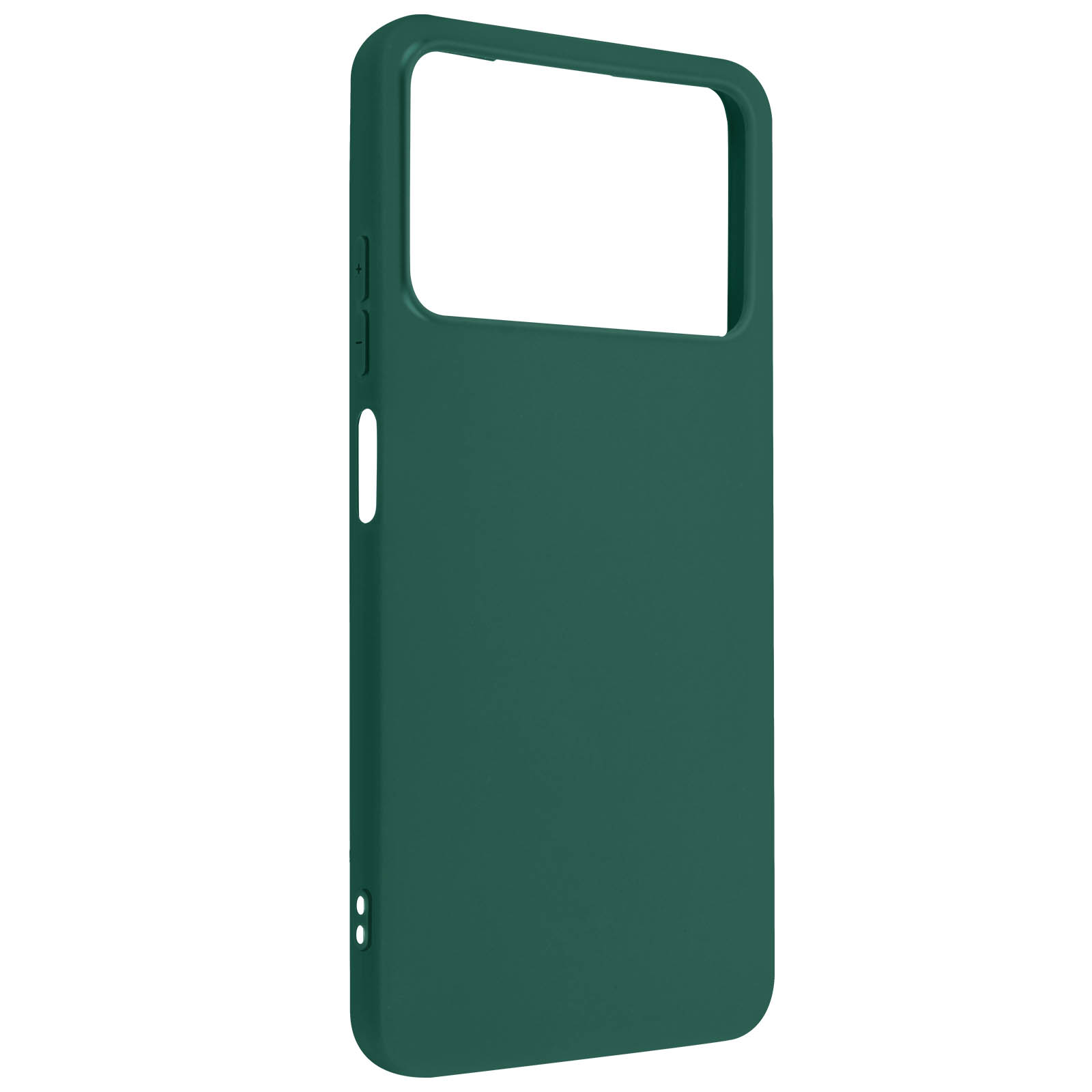 Custodia per telefono verde con ritagli per fotocamera e pulsanti. Sfondo bianco.