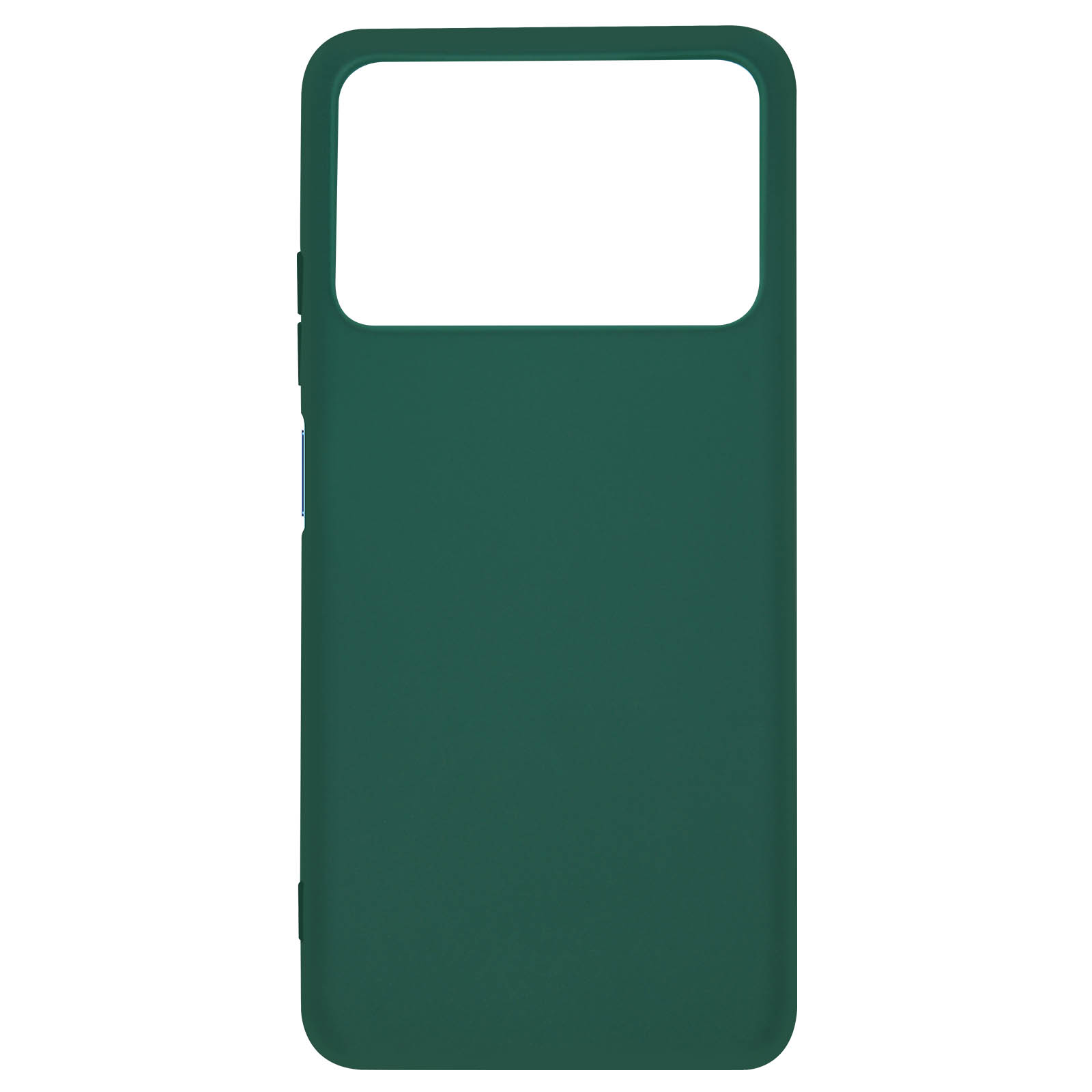 Custodia per telefono verde con un ritaglio rettangolare per la fotocamera. Tinta unita.