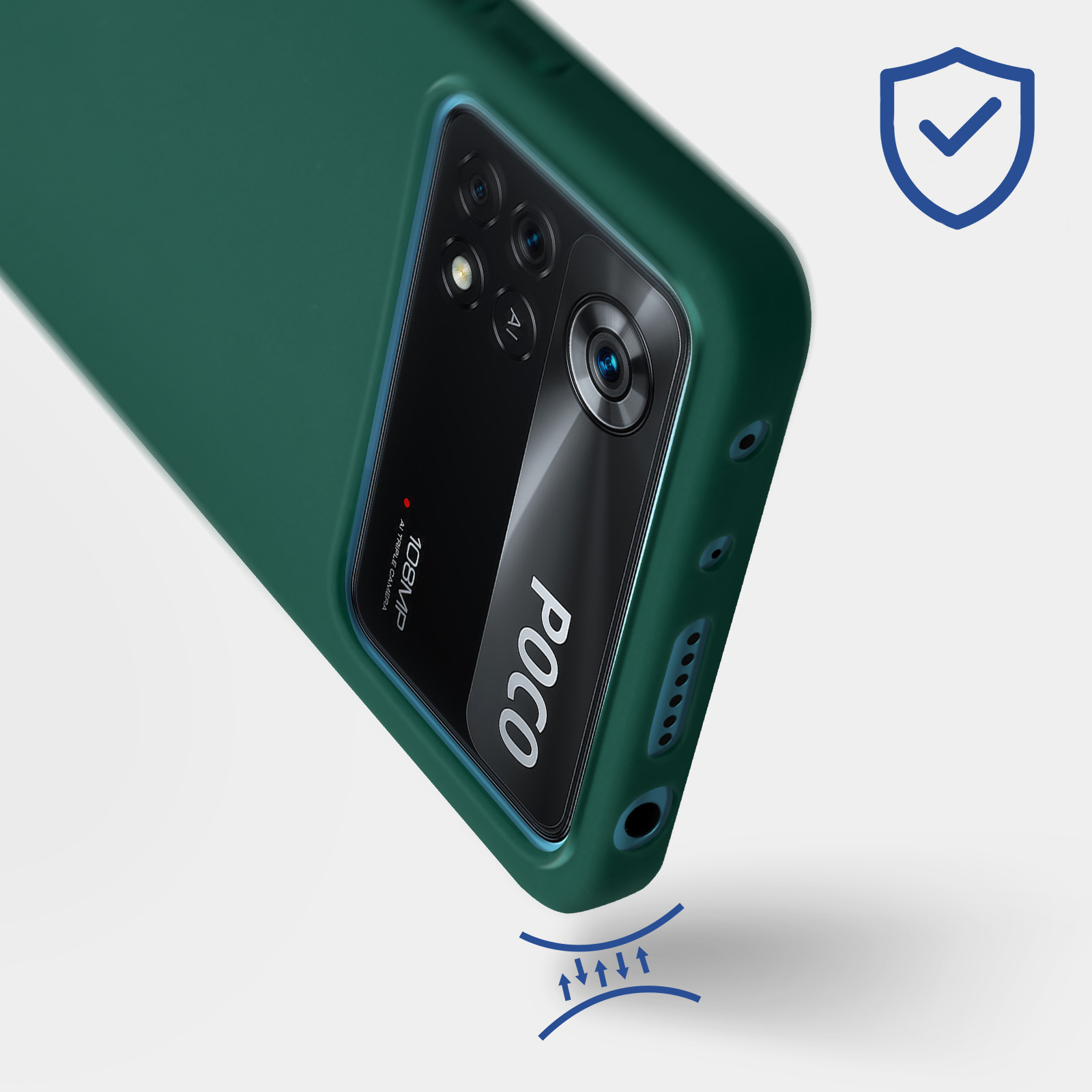 Custodia verde per telefono con anello, vicino a un simbolo di spunta.