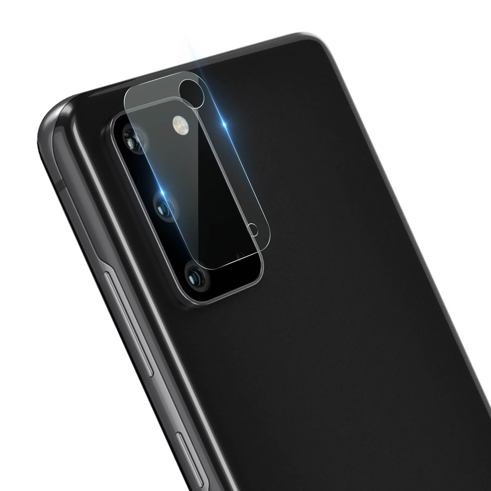 Un proteggi schermo trasparente è posizionato sulla fotocamera di un telefono nero. Copre le lenti.