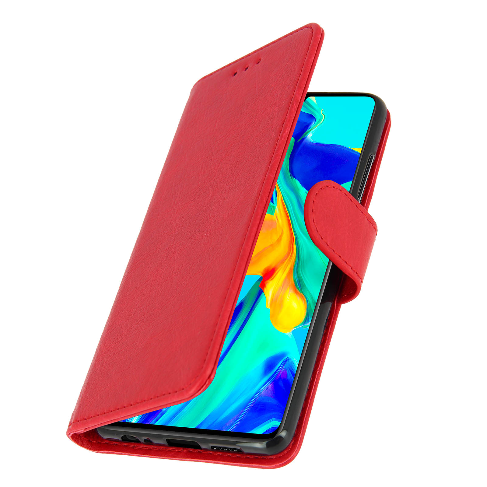 Una custodia rossa per telefono, aperta per rivelare uno schermo del telefono con un display colorato.