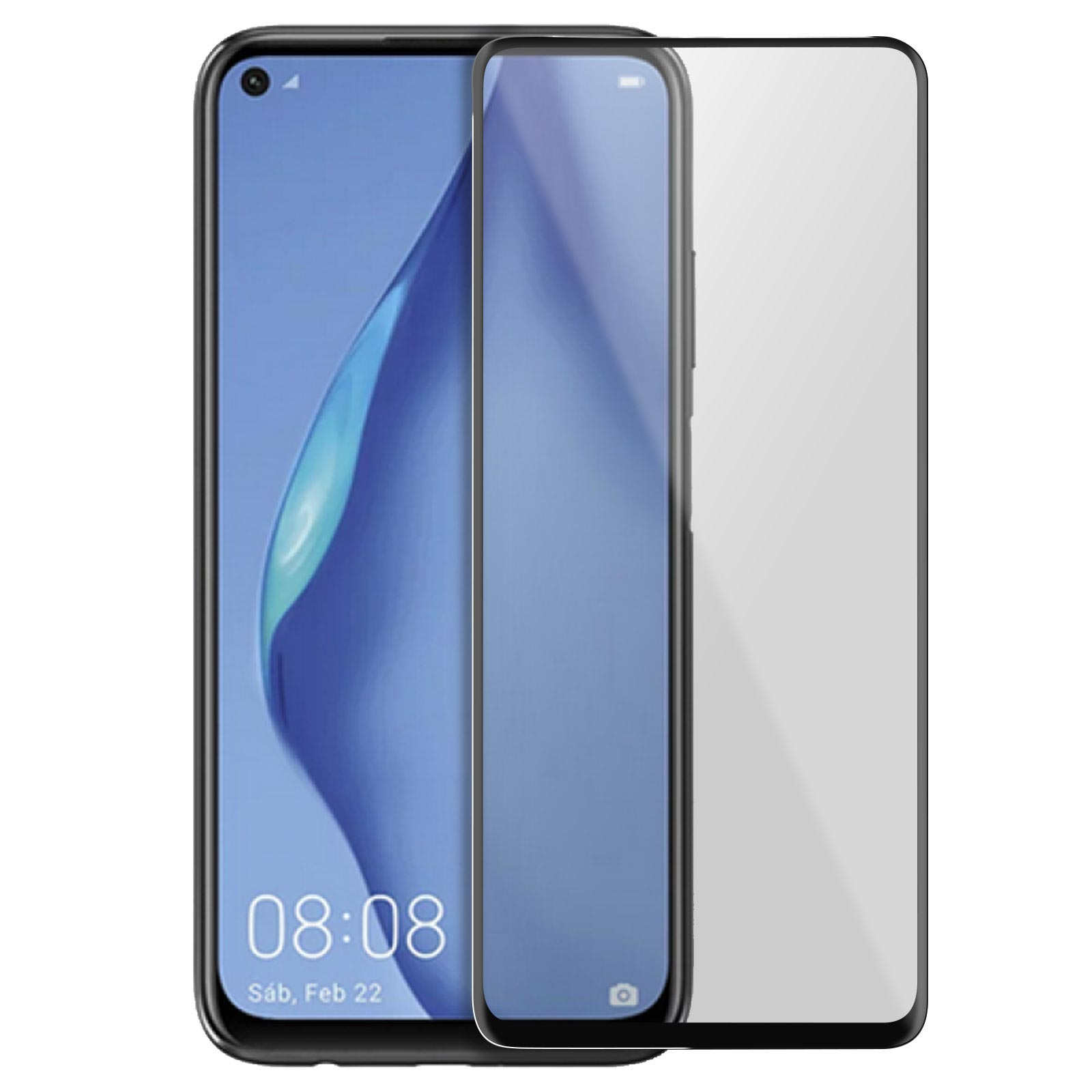 Smartphone con protezione schermo, cornice nera, visualizzazione ora. Schermo mostra 08:08, 22 feb. Protezione a destra.