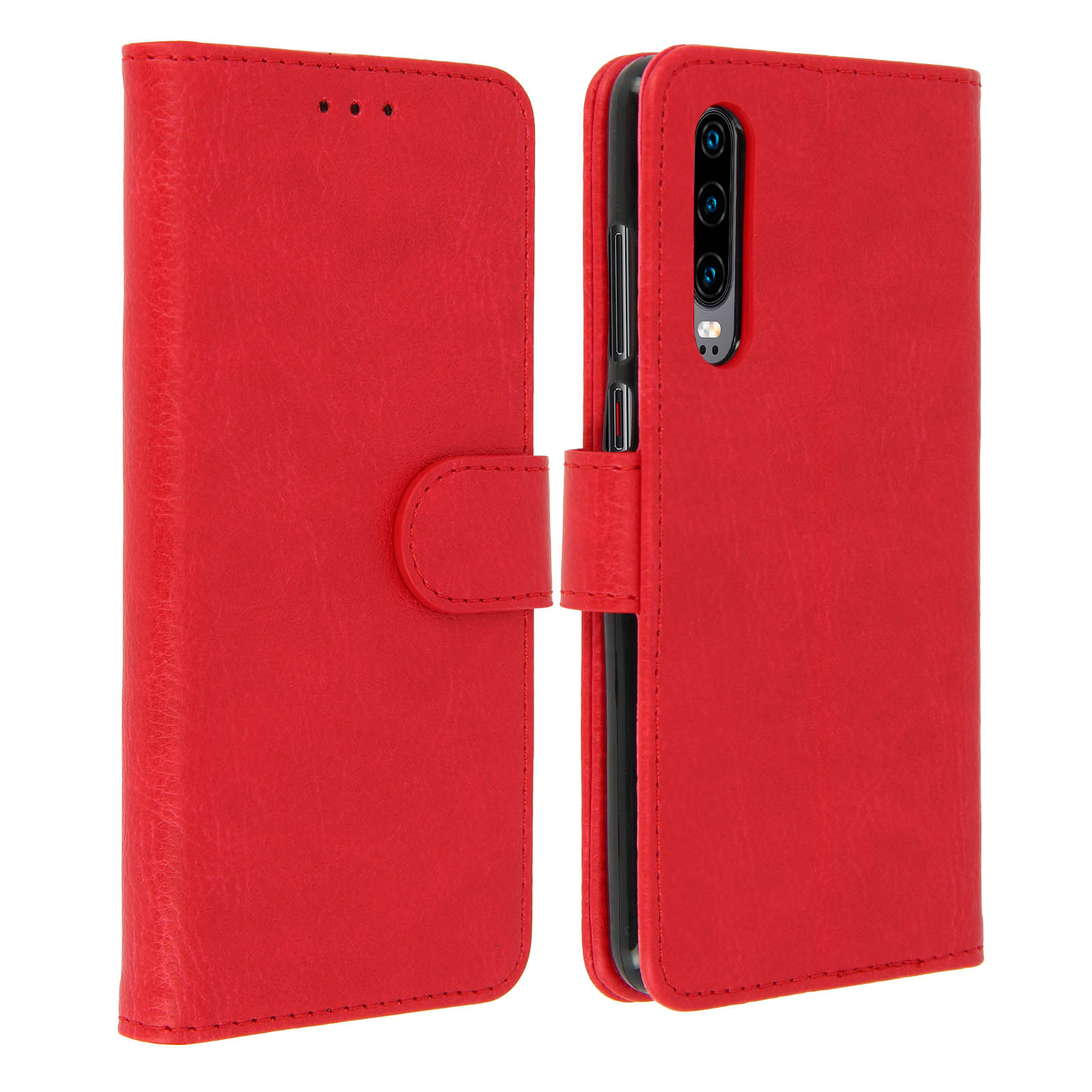Custodia rossa per telefono, aperta e chiusa, su sfondo bianco. Mostra la fotocamera e i pulsanti del telefono.