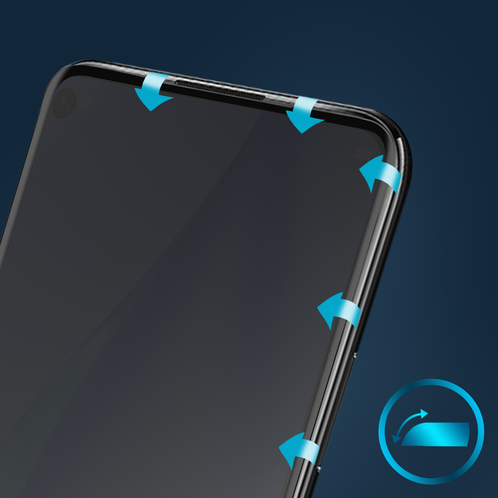 Primo piano di uno schermo di smartphone con frecce che indicano l'applicazione. Il telefono è nero. Lo sfondo è blu scuro.
