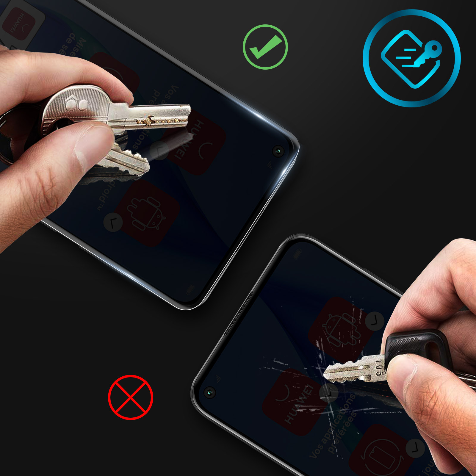 Mani che tengono chiavi sopra due telefoni. Un telefono ha una protezione schermo applicata correttamente, l'altro ha lo schermo danneggiato.