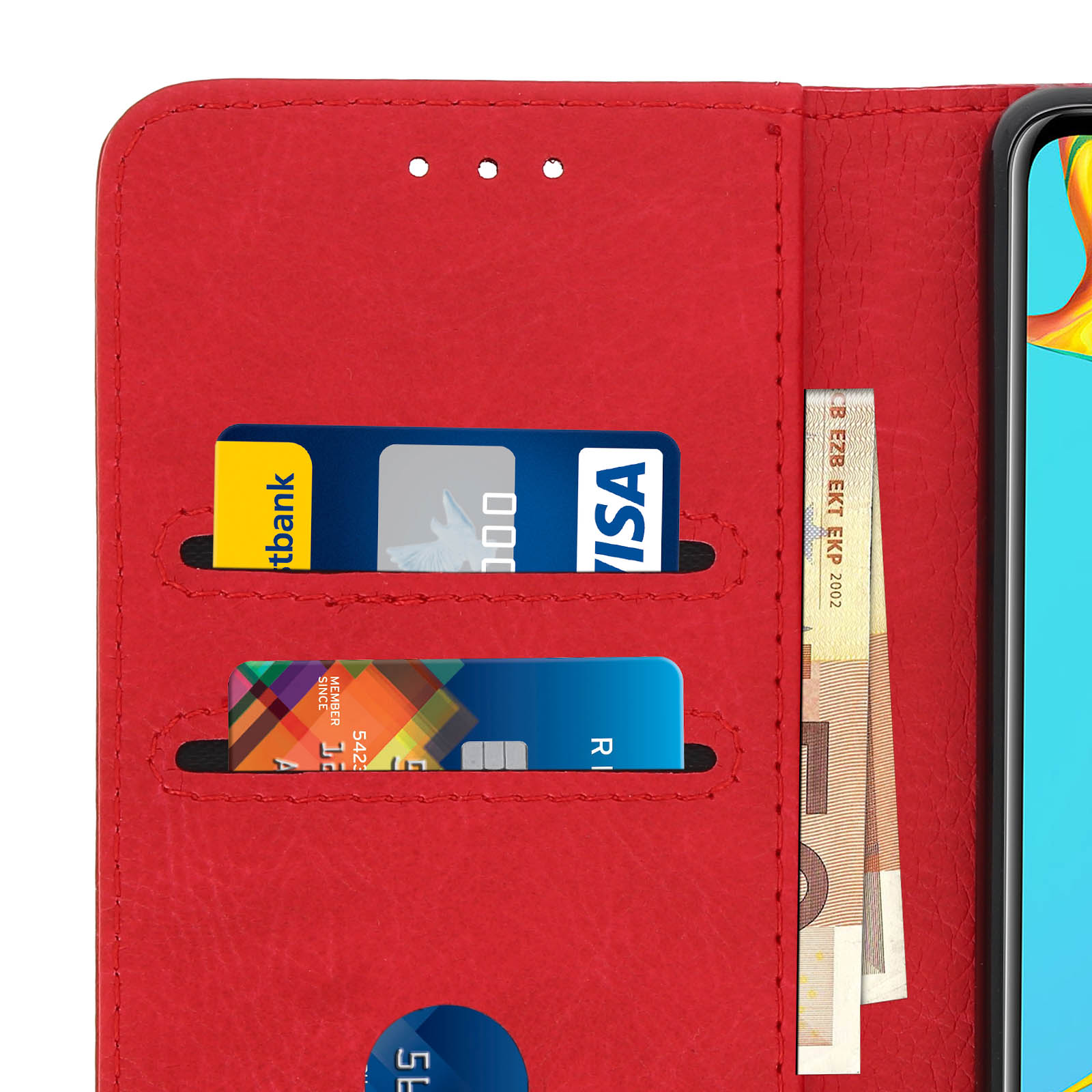 Un portafoglio rosso aperto, che rivela carte e banconote in euro.
