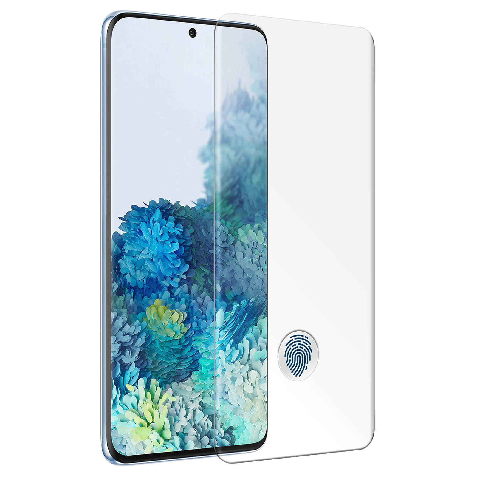 Pellicola protettiva per schermo con telefono dietro. Mostra sfondo floreale blu e icona impronta digitale.