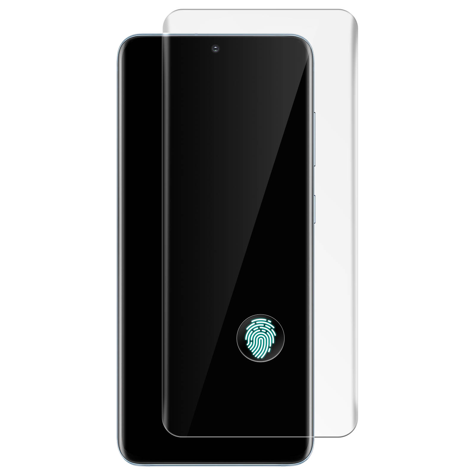 Un telefono con protezione schermo. Il telefono mostra un'impronta digitale sullo schermo.