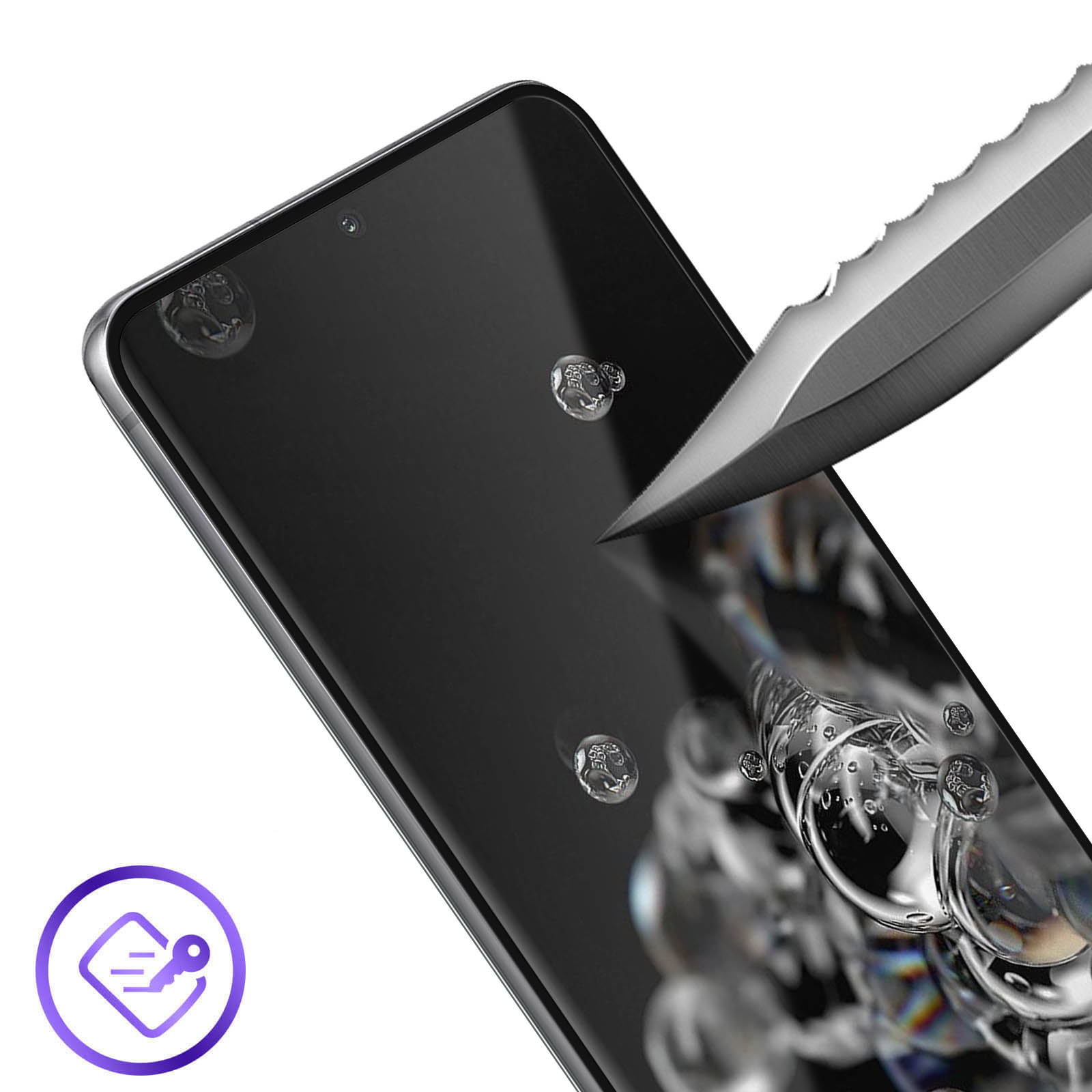 Un coltello taglia lo schermo di un telefono con bolle d'acqua. Il telefono è nero. È visibile un logo di sicurezza.