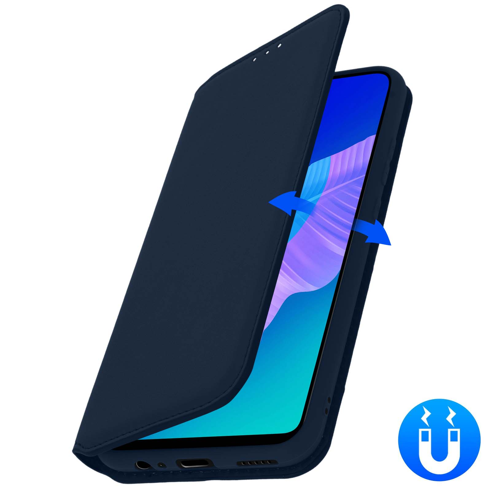 Custodia blu per telefono, aperta che mostra lo schermo. Frecce e icona del magnete presenti.
