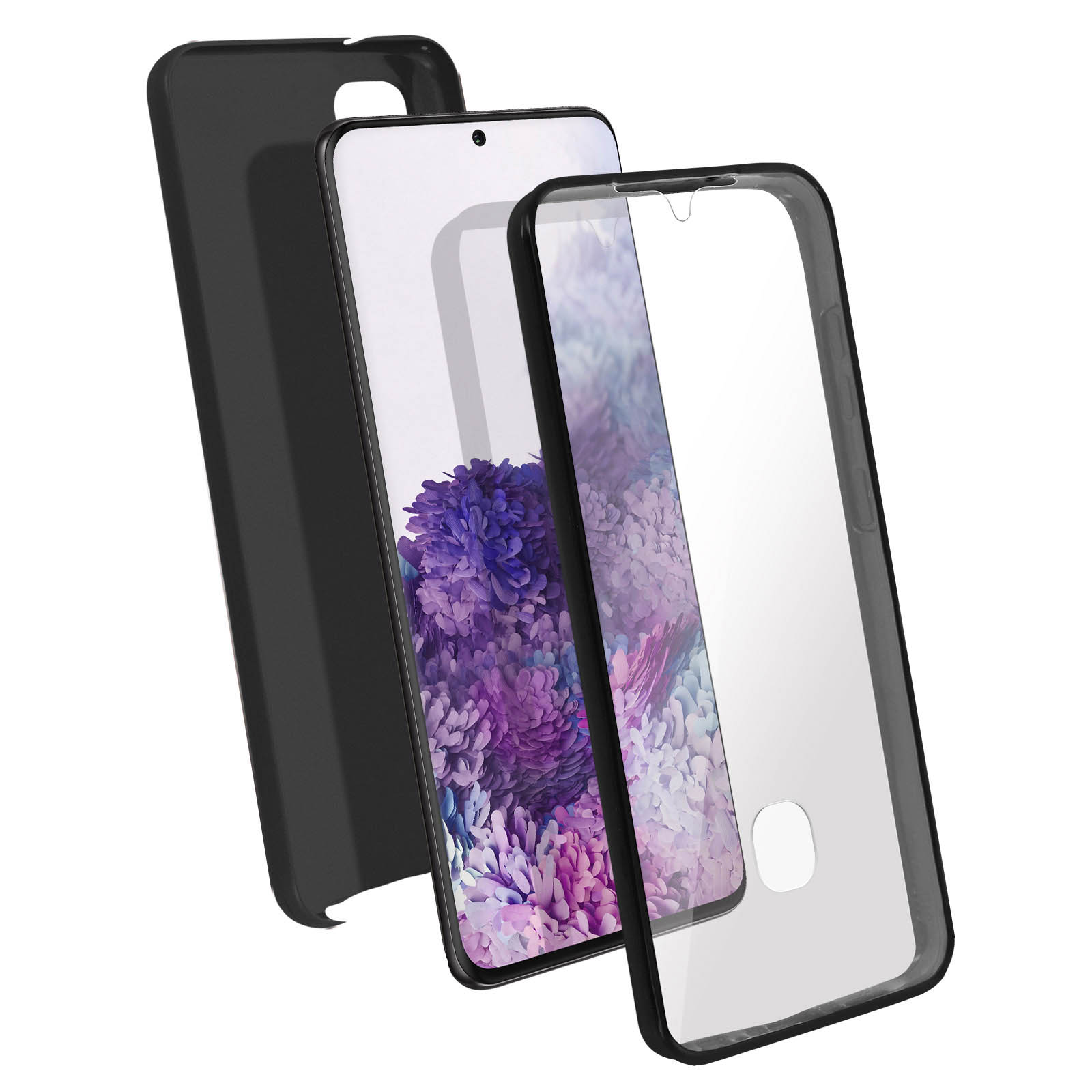 Zwarte telefoonhoes met schermbeschermer en telefoon. Het scherm toont een paarse bloemenafbeelding.