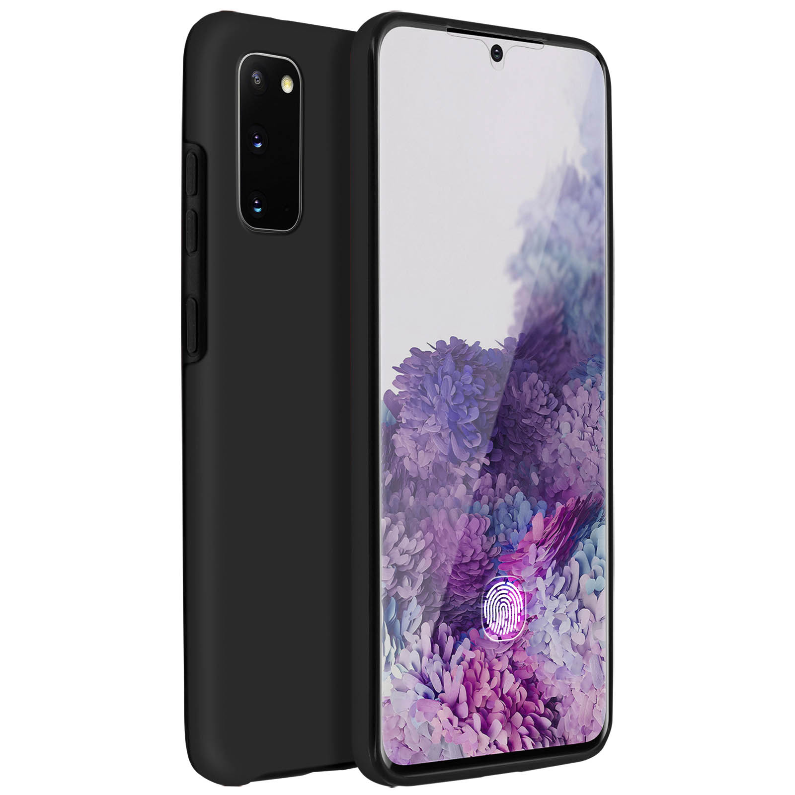 Zwarte telefoon in een hoesje, scherm toont een bloemenafbeelding met een vingerafdrukscanner.