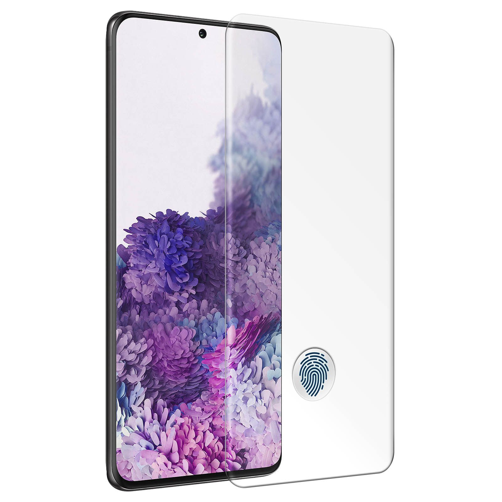 Smartphone con protezione schermo. Il telefono mostra uno sfondo viola e blu.