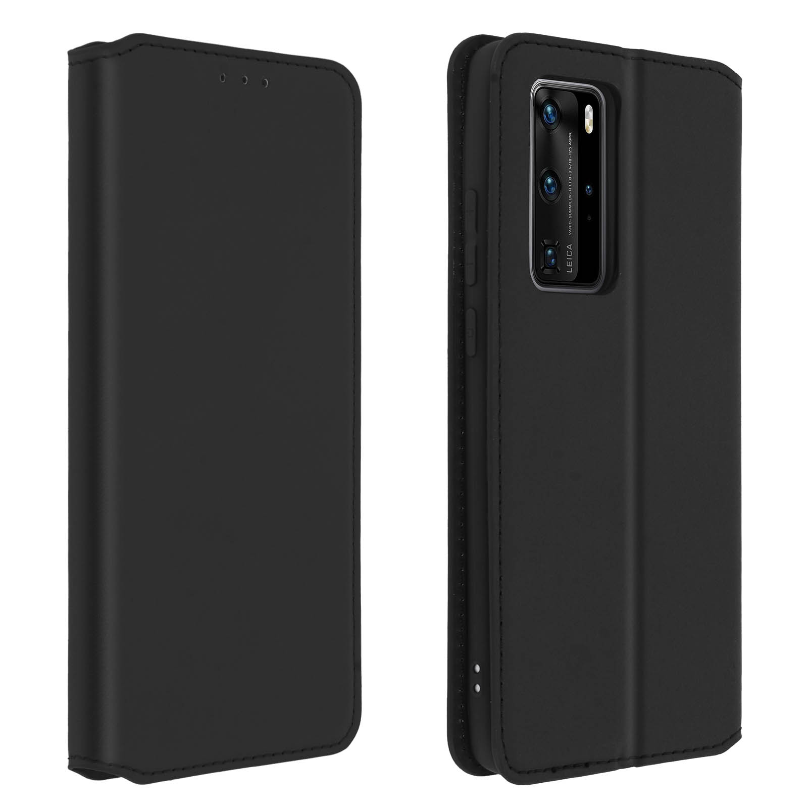 Een zwarte telefoonhoes, open. Toont de telefoon in de hoes met een camera en een scherm.