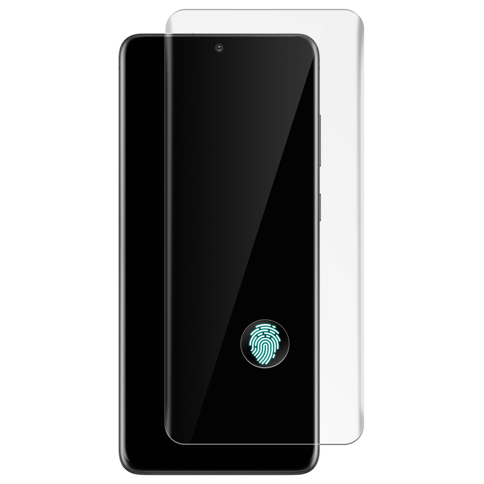 Uno schermo del telefono con un'icona di impronta digitale e un proteggi schermo.