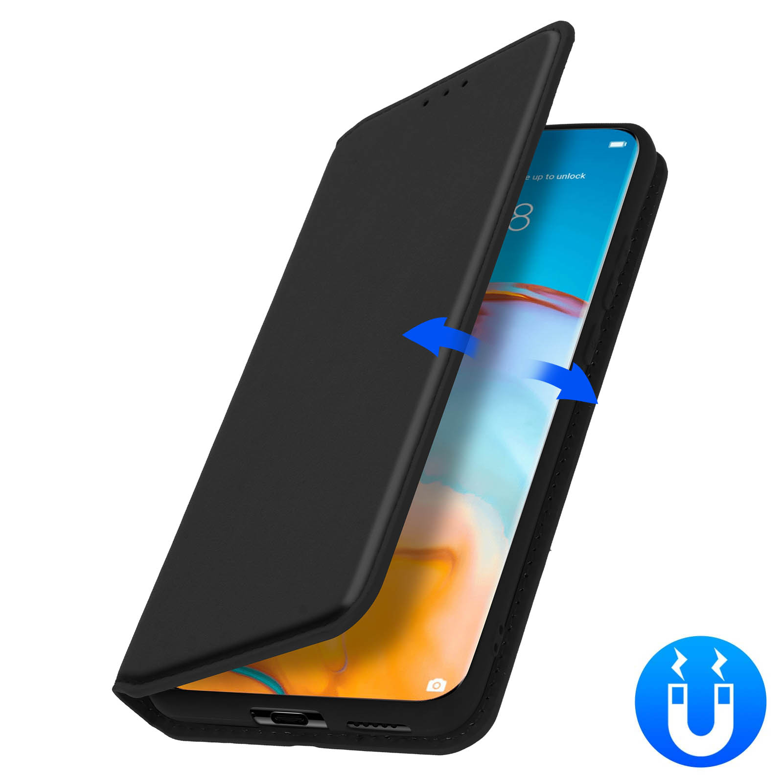 Zwarte telefoon in een hoes, openend, met een magnetisch symbool.