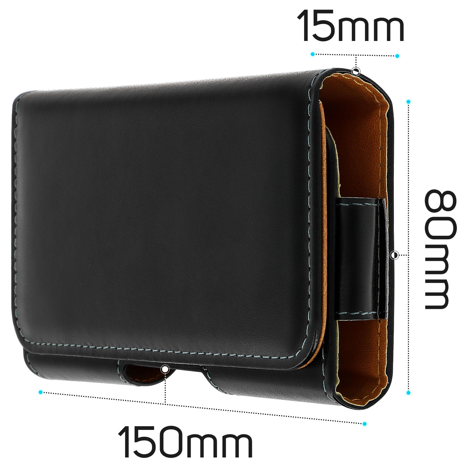 Custodia nera per telefono con dimensioni 150 mm x 80 mm x 15 mm.