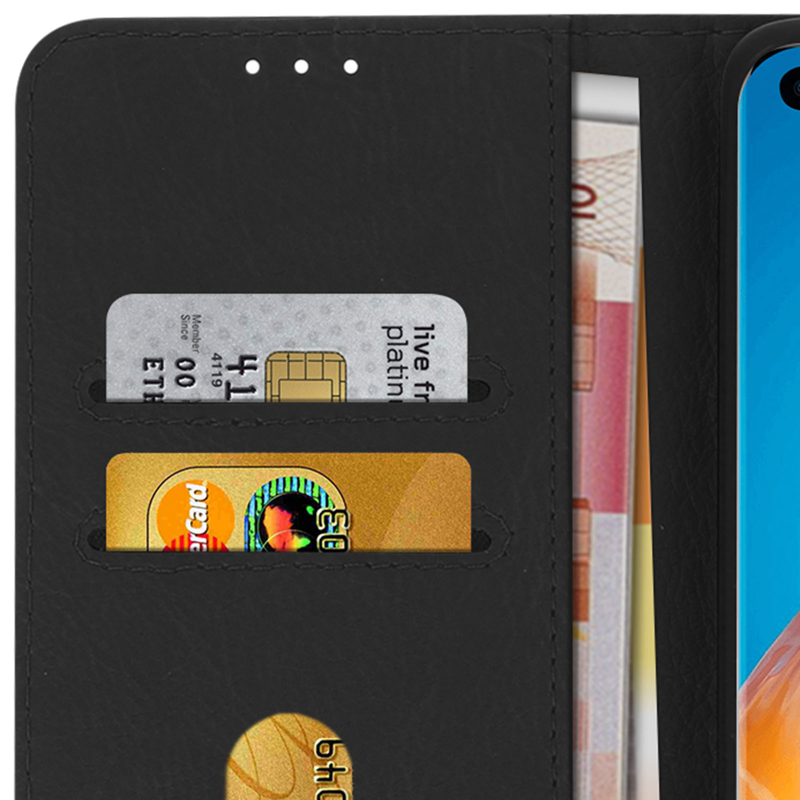 Custodia per telefono nera con carte di credito, denaro e display del telefono.