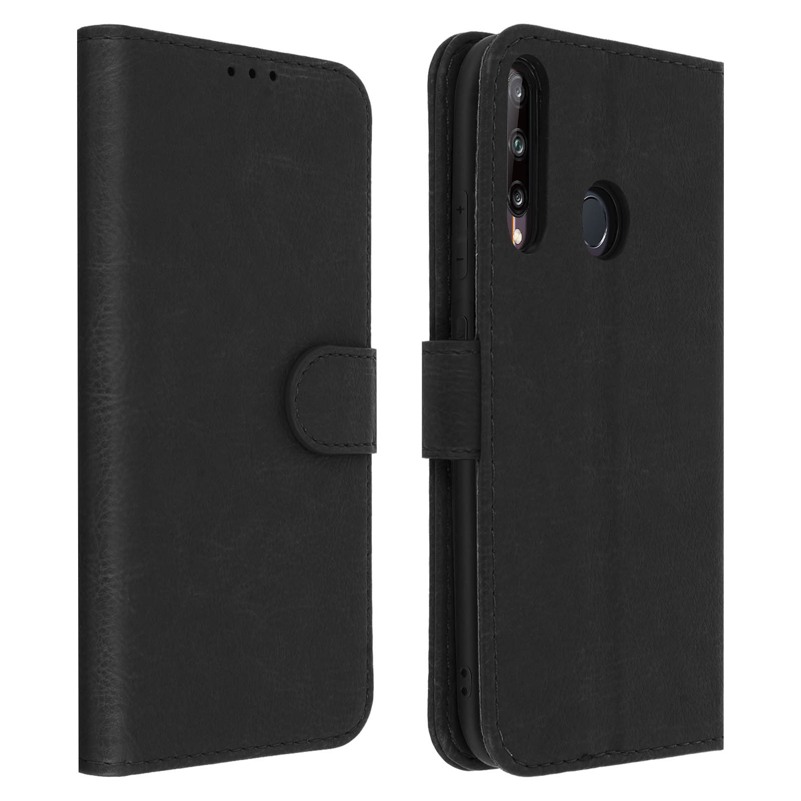 Custodia per telefono nera, aperta, che mostra il telefono all'interno. La custodia è in pelle, nera.