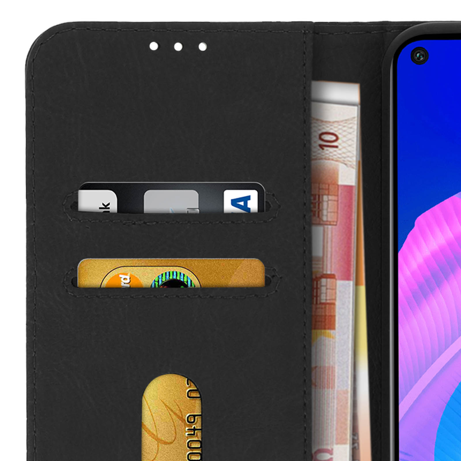 Custodia per telefono nera a portafoglio con carte e contanti visibili. Il portafoglio è aperto, mostrando il contenuto.