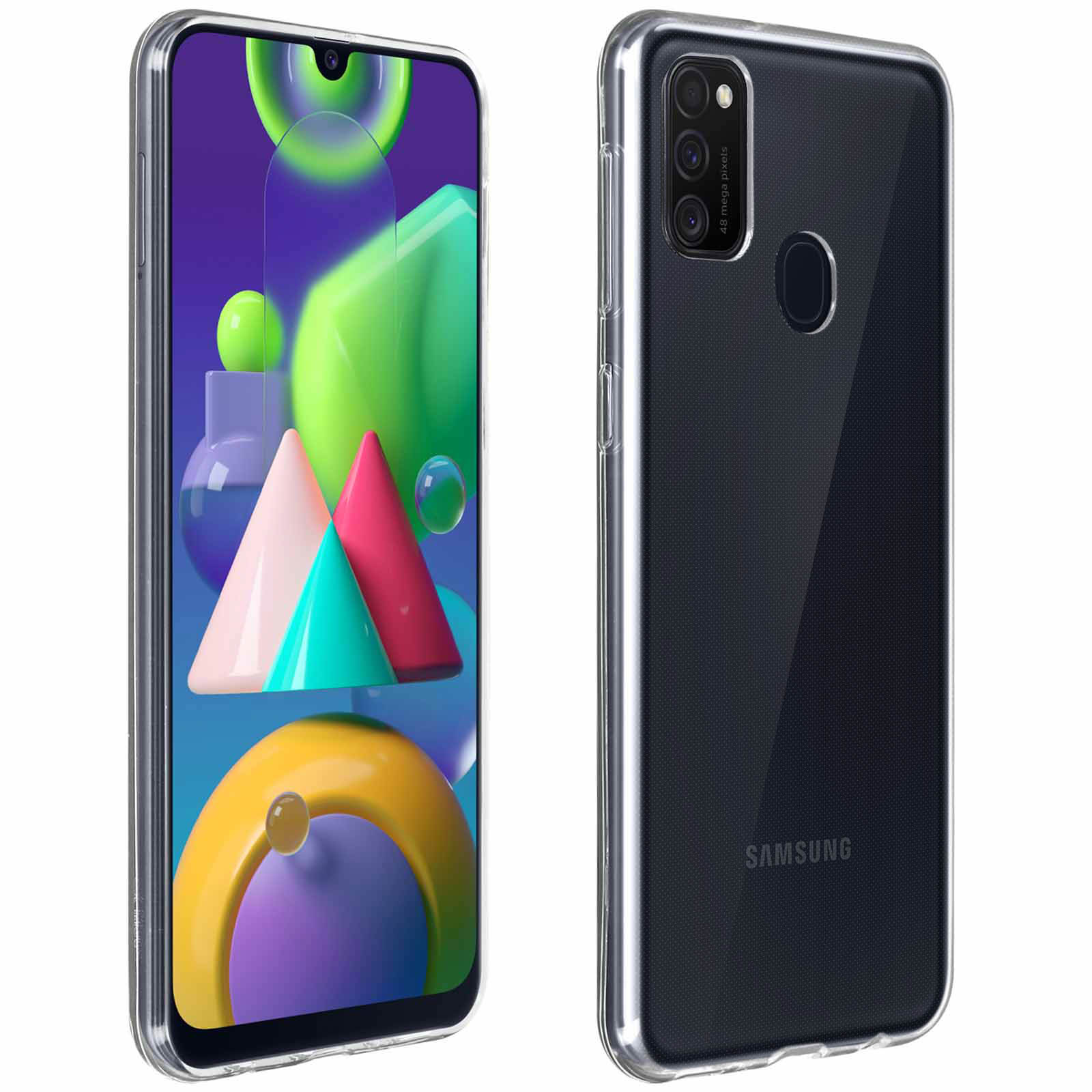 Smartphone in custodia trasparente con configurazione a tripla fotocamera.