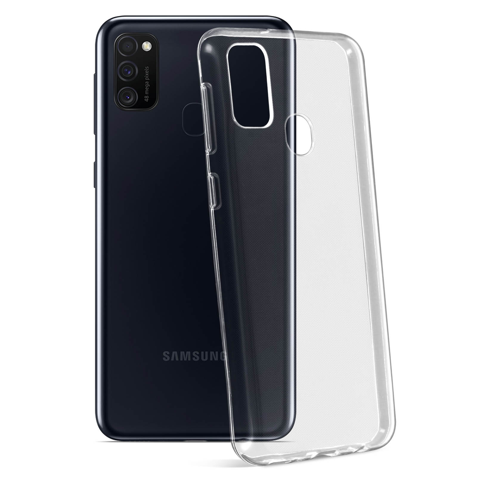 Telefono e custodia trasparente. Il telefono è blu scuro. La custodia è trasparente. Sfondo bianco.