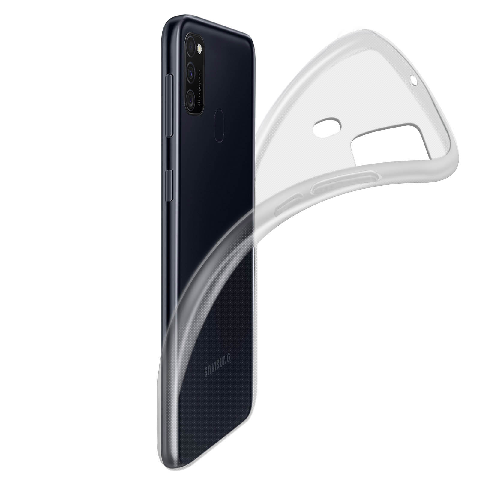 Telefono blu scuro con custodia trasparente. Il telefono ha tre obiettivi.