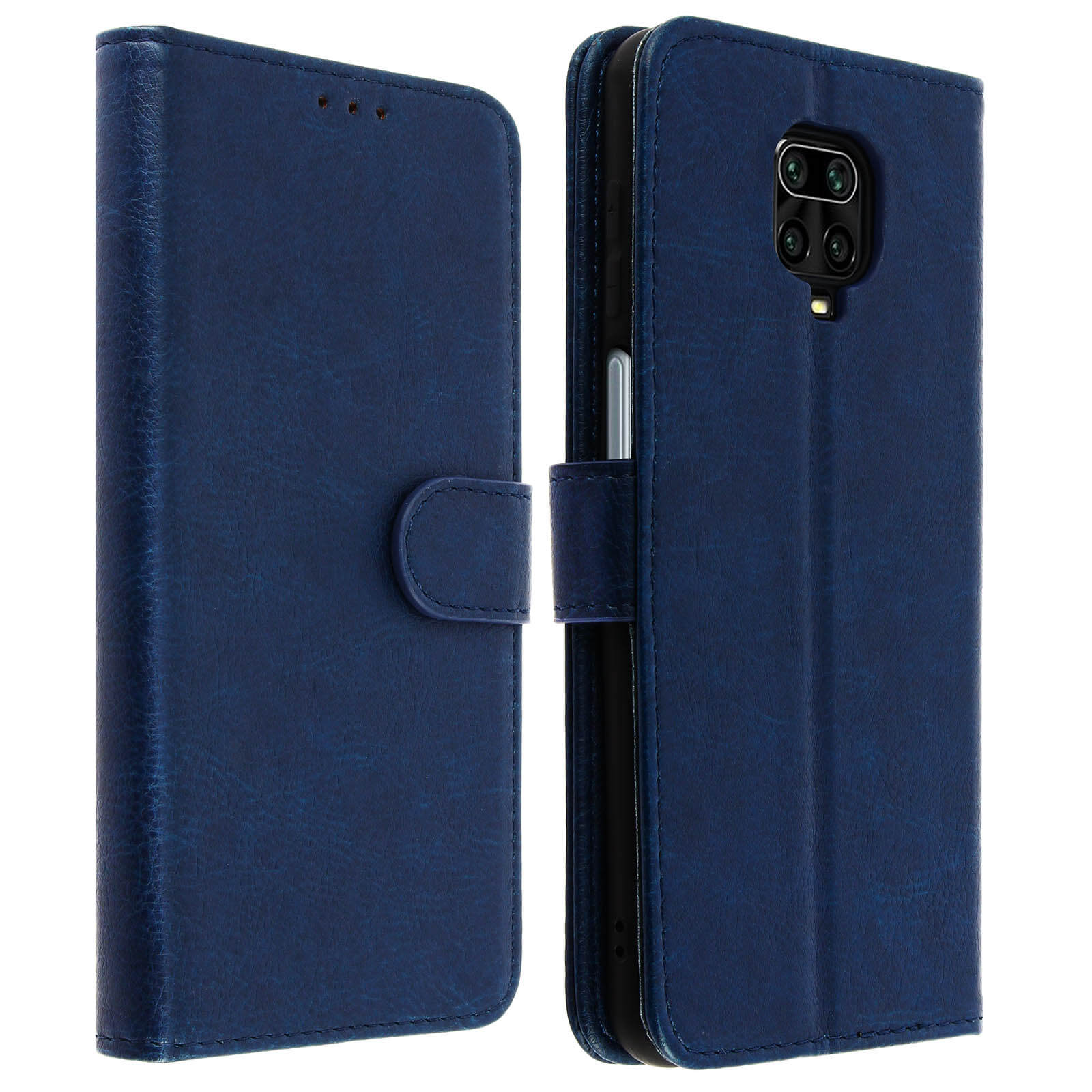 Custodia per telefono in pelle blu, aperta e chiusa, con chiusura magnetica.