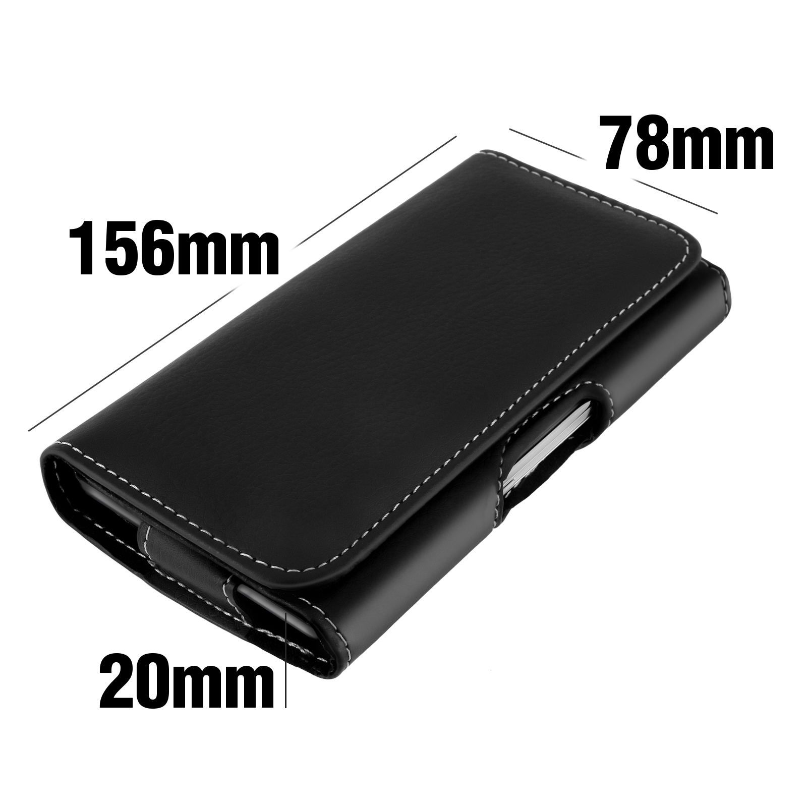 Una custodia nera per telefono con dimensioni: 156mm x 78mm x 20mm.