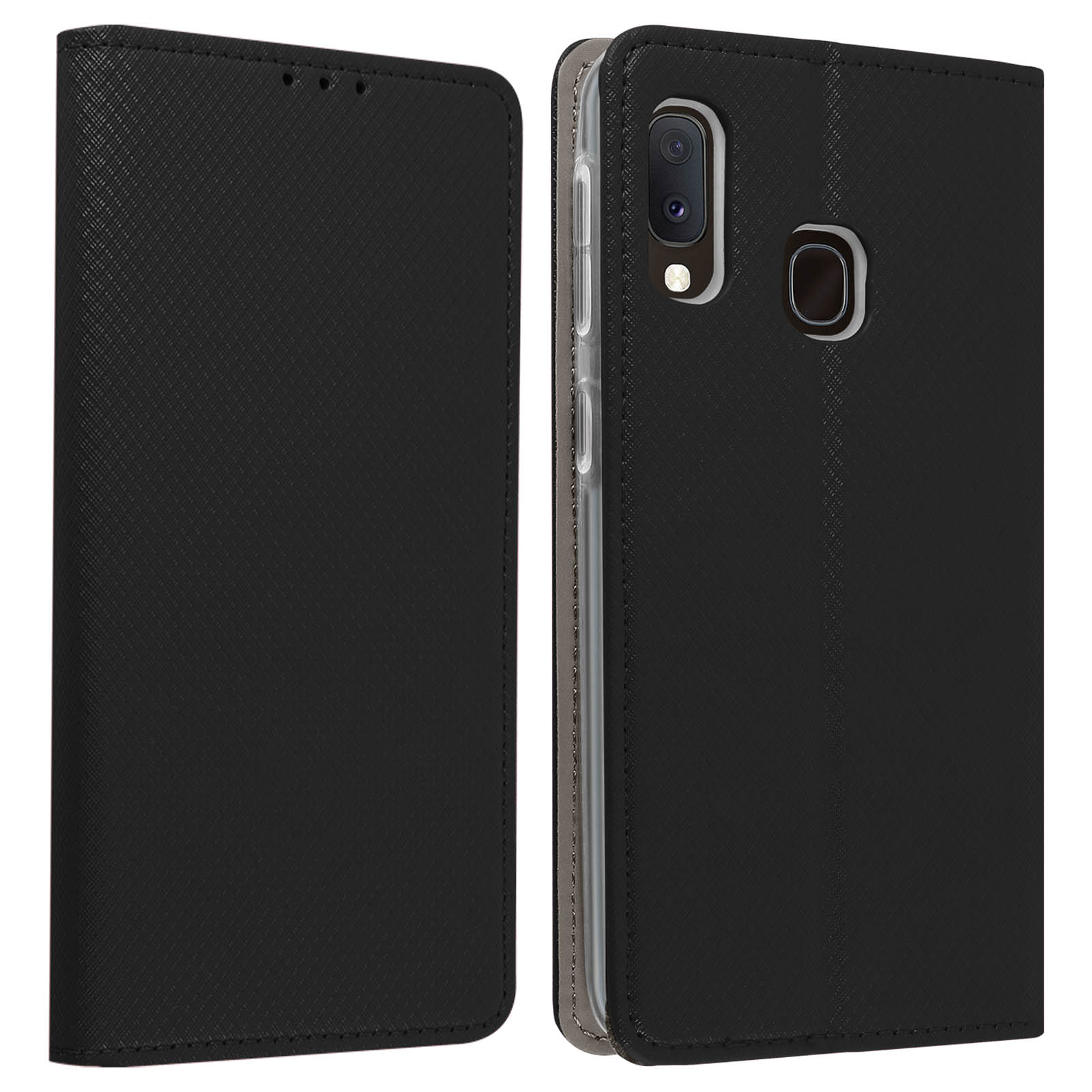Étui de téléphone noir, ouvert et fermé. L'étui a une surface texturée et une découpe pour l'appareil photo.