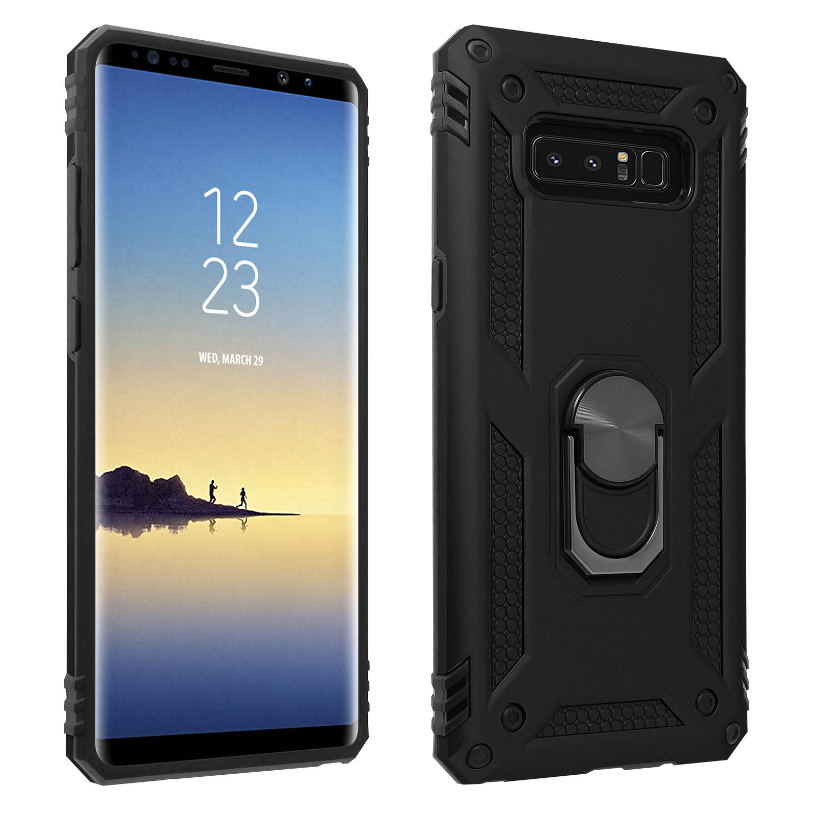 Schwarzes Telefon mit schwarzer Hülle. Die Hülle hat einen Ringhalter und erhöhte Kanten.