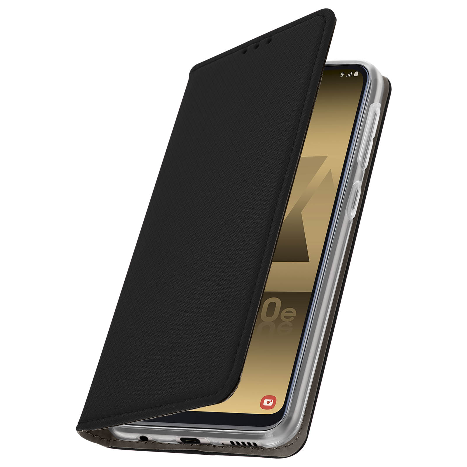 Een telefoon in een zwarte hoes met de hoes open. Het telefoonscherm is zichtbaar.
